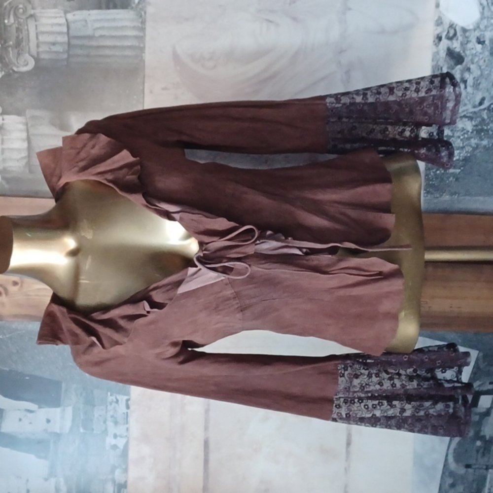 Anthropologie Leather Bell Sleeve Lace Trim Boho Indie Sleaze Romantic Jacket